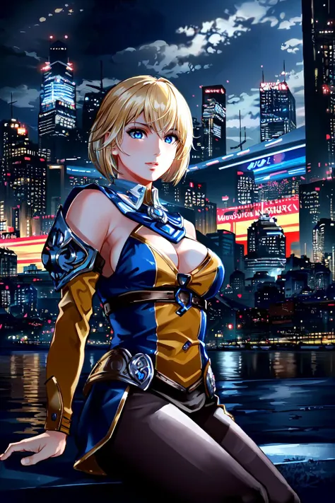 (masterpiece, best quality, highest detail), hyperrealism, 1girl, Cassandra Alexandra, mature female, blonde hair bob, blue eyes, (detailed face and eyes):1.2, JW, cinematic scene, candid, sitting, futuristic cyberpunk city night, starry light sky, official artwork, <lora:Cassandra_Alexandra:0.8>, <lora:Light and Shadow:0.6>