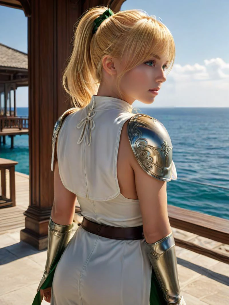 8k, best quality, sharp image, (photo realistic:1.37), intricate details, ultra-detailed, hyper detailed eyes, detailed skin with a flawless texture delicate and refined, ultra highres, depth field, masterpiece, extremely detailed,
<lora:extremely_detailed:5>,
(0.475 :: medium shot :1.3), (from behind shot, rear view, looking back) , dutch angle ,
(1girl, Cassandra_Alexandra, <lora:Cassandra_Alexandra_XL:0.6>, (an extremely beautiful 21-year-old Caucasian girl), (blonde hair:1.2), hair bangs, (high pony tale with hair ribbon:1.3), (green eyes), <lora:breasts_slider_v2:-2>, cleavage, slender, shiny skin, flawless skin, fair skin, light blush, solo), wearing ( shoulder pads, armor, armored dress, white dress, short capelet, collar, necktie, leather belt, pantyhose, elbow gloves, black pantyhose, cloth boots),
<lora:ClearHand-V2:1.5>,
<lora:ALTXL_001_4:1>,
covered nipples obviously protruding through clothing, sweat, seduction, nsfw,
(0.05 :: sexy pose :1.3),
twilight ,
Frame the couple against the backdrop of a Maldivian sandbank, with the endless horizon and blue sky, symbolizing their connection and the boundless possibilities of their journey together. ,
<lora:LCMTurboMix_Euler_A_fix:1>