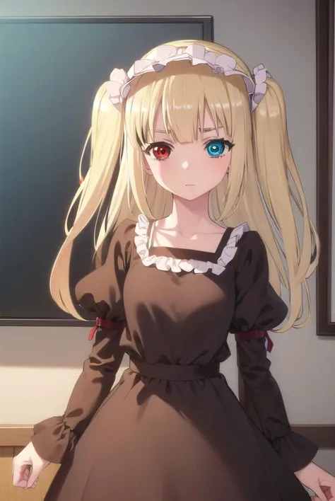kobatohasegawa, <lora:kobato hasegawa s2-lora-nochekaiser:1>,
kobato hasegawa, long hair, blonde hair, (red eyes:1.3), blue eyes, (heterochromia:1.5), two side up,
BREAK dress, hairband, frills, long sleeves, puffy sleeves, juliet sleeves, (brown dress:1.3),
BREAK indoors, classroom,
BREAK looking at viewer, (cowboy shot:1.5),
BREAK <lyco:GoodHands-beta2:1>, (masterpiece:1.2), best quality, high resolution, unity 8k wallpaper, (illustration:0.8), (beautiful detailed eyes:1.6), extremely detailed face, perfect lighting, extremely detailed CG, (perfect hands, perfect anatomy),