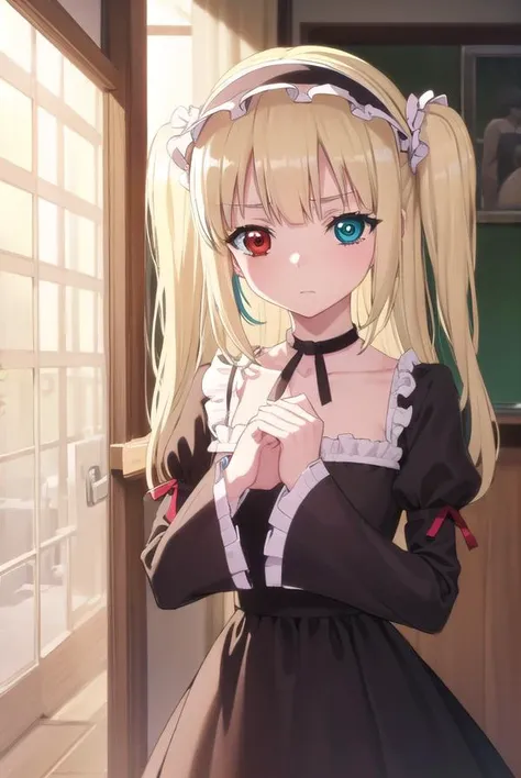 kobatohasegawa, <lora:kobato hasegawa s2-lora-nochekaiser:1>,
kobato hasegawa, long hair, blonde hair, (red eyes:1.3), blue eyes, (heterochromia:1.5), two side up,
BREAK dress, hairband, frills, long sleeves, puffy sleeves, juliet sleeves, (black dress:1.3),
BREAK indoors, classroom,
BREAK looking at viewer, (cowboy shot:1.5),
BREAK <lyco:GoodHands-beta2:1>, (masterpiece:1.2), best quality, high resolution, unity 8k wallpaper, (illustration:0.8), (beautiful detailed eyes:1.6), extremely detailed face, perfect lighting, extremely detailed CG, (perfect hands, perfect anatomy),