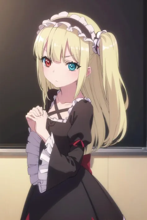 kobatohasegawa, <lora:kobato hasegawa s2-lora-nochekaiser:1>,
kobato hasegawa, long hair, blonde hair, (red eyes:1.3), blue eyes, (heterochromia:1.5), two side up,
BREAK dress, hairband, frills, long sleeves, puffy sleeves, juliet sleeves, (black dress:1.3),
BREAK indoors, classroom,
BREAK looking at viewer, (cowboy shot:1.5),
BREAK <lyco:GoodHands-beta2:1>, (masterpiece:1.2), best quality, high resolution, unity 8k wallpaper, (illustration:0.8), (beautiful detailed eyes:1.6), extremely detailed face, perfect lighting, extremely detailed CG, (perfect hands, perfect anatomy),