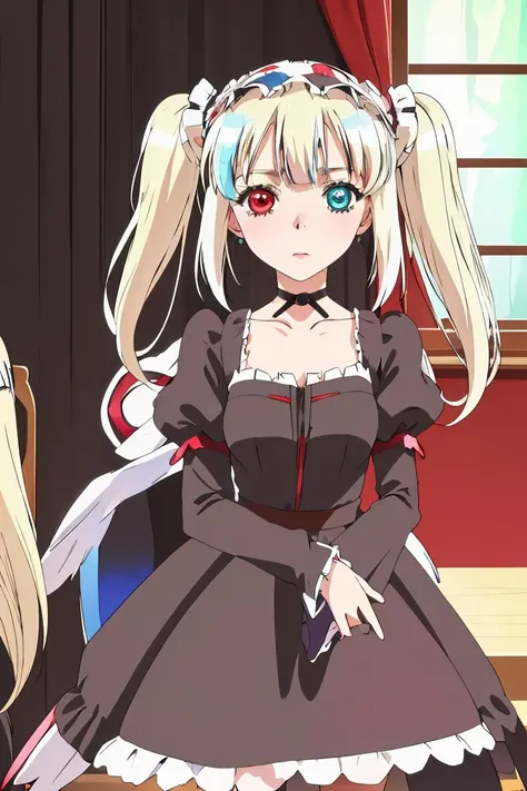 (masterpiece, best quality), 1girl, <lora:kobato hasegawa s2-lora-nochekaiser:1> kobato hasegawa, long hair, blonde hair, red eyes, blue eyes, (heterochromia:1.5), two side up, dress, hairband, frills, long sleeves, puffy sleeves, juliet sleeves, (black dress:1.3),