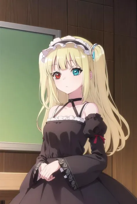 kobatohasegawa, <lora:kobato hasegawa s2-lora-nochekaiser:1>,
kobato hasegawa, long hair, blonde hair, (red eyes:1.3), blue eyes, (heterochromia:1.5), two side up,
BREAK dress, hairband, frills, long sleeves, puffy sleeves, juliet sleeves, (black dress:1.3),
BREAK indoors, classroom,
BREAK looking at viewer, (cowboy shot:1.5),
BREAK <lyco:GoodHands-beta2:1>, (masterpiece:1.2), best quality, high resolution, unity 8k wallpaper, (illustration:0.8), (beautiful detailed eyes:1.6), extremely detailed face, perfect lighting, extremely detailed CG, (perfect hands, perfect anatomy),