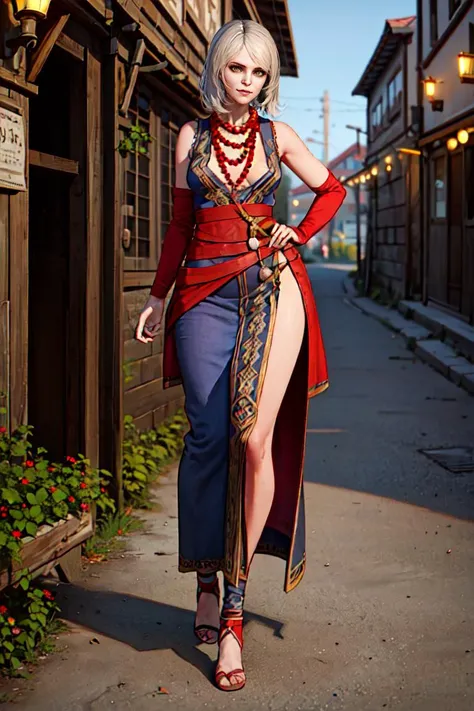 kmzW3 girl, yellow eyes, dress, full body, medieval city street, looking at viewer, hands at , bead necklace, mature, best quality, <lora:keirametz:0.7>