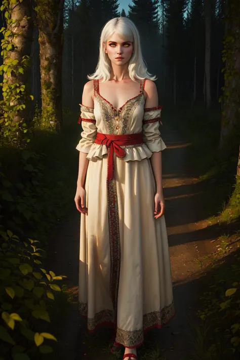 kmzW3 girl, yellow eyes, white hair, dress, full body, forest, looking at viewer, best quality, <lora:keirametz:0.7>