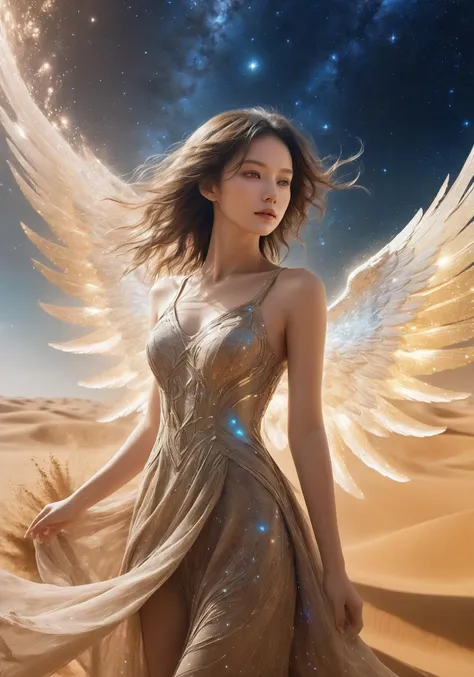 Masterpiece,high quality,(solo:1.2),(1girl:1.2),soil element,sand,(a ((Angel | girl wearing dress)) made of sand),cracked skin,the golden sand,very beautiful woman,an angel in front of vast universe appears with surrounding paradises. From afar,galaxies look like areas of sky full of light,creating a simple but no less impressive imaginary scene,magmortar,