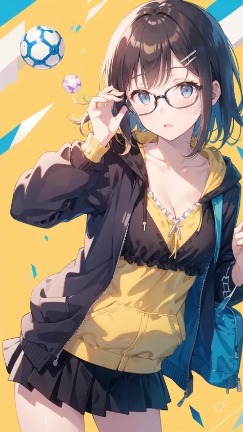 masterpiece, best quality, highres, detailed, illustration, (yellow background:1.2), orbs, cube, ray tracing, 1girl, solo, one hand in pocket, one hand raised, black hair, blush, glasses, grey hoodie, frills, medium breasts, cleavage, miniskirt, hiten1, <lora:GoodHands-beta2:1>,