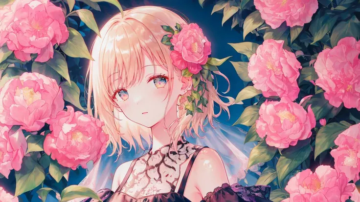 masterpiece, (((best quality))), ((highres)), ray tracing, bokeh, (((hiding in the leaves))), (((pink flowers))), petals, outdoor, chromatic aberration, 1girl, (((solo))), ((lace trim)), hiten1,