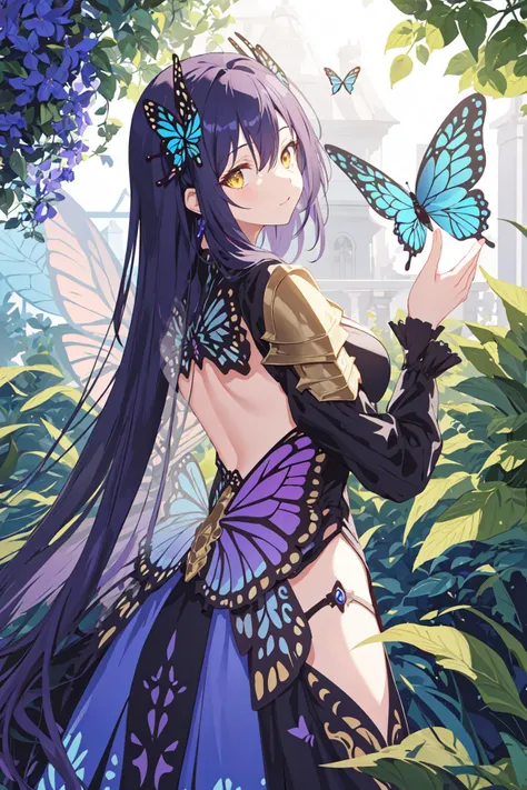 (masterpiece), (best quality), (ultra-detailed), Cute Bug Girl, 1girl, (Intricate Chitin Armor, metallic Black and Blue), Fine Detail Fantasy Greenhouse, Fantasy Flower Background, Dark Yellow Eyes, Very Long Metallic Dark Blue Hair(Long Glowing purple Hair Strands), Medium Height, (Butterflies fly around or landed in the Hair), Butterflies landed on Flowers,Big Intricate Bug Wings on the Back, Intricate Butterfly Wings,