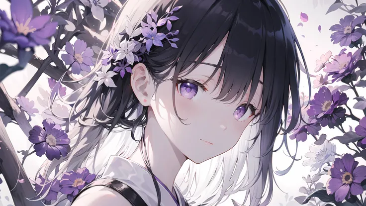 {{{{masterpiece}}}}, {{{hyper detailed}}}, {{{highres}}}, {{good anatomy}}, (((best quality))), ((an extremely delicate and beautiful)), {{an extremely detailed and delicate}}, {8k cg wallpaper}, {{illustration}}, (greyscale with colored background:1.3), ray tracing, bokeh, from side, 1girl, solo, (purple eyes:1.2), japenese clothes, (purple flowers:1.2), hiten1,