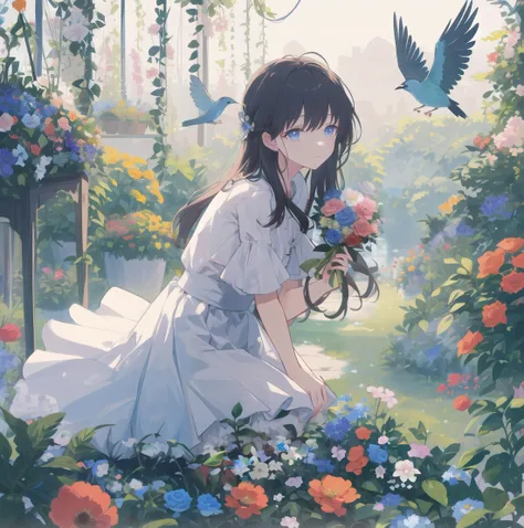 long hair,1girl,
(masterpiece),(good anatomy),(best quality),(illustration),
high waist skirt,white skirt,
soft lighting,high quality,
white shirt,soft smile,calm eyes,cozy atmosphere,gentle lighting,(admiring flowers:1.1),(low posture:1.2),focused expression,crouching,kneeling,surrounded by flowers,(no shoes:1.3),thigh under dress,(knees on ground:1.5),feet under dress,
garden,flowers,(flowers in hand:1.4),holding a small bouquet of flowers,(birds:1.1),colorful,(floral foreground:1.2),depth of field,grass,shadow,