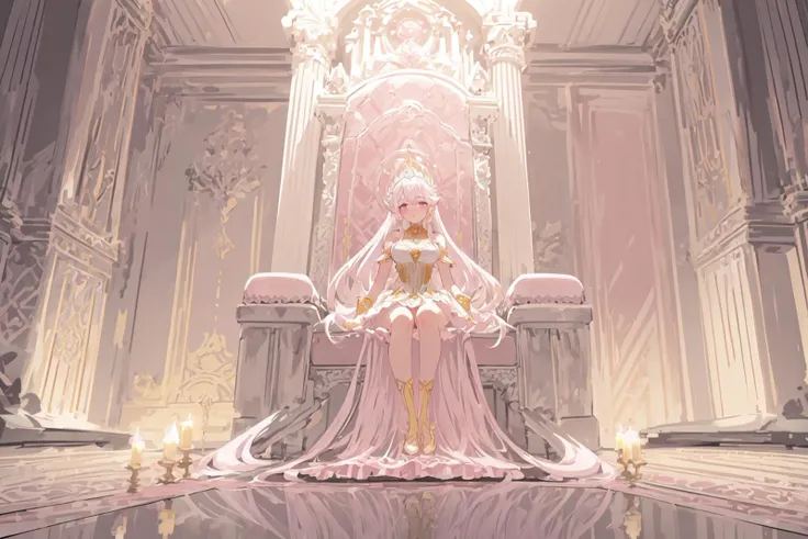 ( pink silver yellow monochrome:1.2 ), Royal Palace, Throne Room, intricate Carpet, intricate Wall Paintings,
1girl ( long hair, glowing eyes, large breasts, light blush,) Royal Dress, Trims and frills, Crystal Jewelry, Rings and Gems,