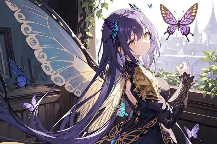 (masterpiece), (best quality), (ultra-detailed), Cute Bug Girl, 1girl, (Intricate Chitin Armor, metallic Black and Blue), Fine Detail Fantasy Greenhouse, Fantasy Flower Background, Dark Yellow Eyes, Very Long Metallic Dark Blue Hair(Long Glowing purple Hair Strands), Medium Height, (Butterflies fly around or landed in the Hair), Butterflies landed on Flowers,Big Intricate Bug Wings on the Back, Intricate Butterfly Wings,