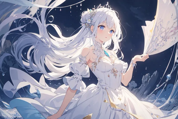 ethereal colors, musical notes, sheet music, ethereal glitter, ethereal starfield, ethereal nebula and clouds, colorful rain, vivid colors, ethereal lightning horizon, ethereal color particles, depth of field,
decorative, intricate, embroidery, depth of field, high quality, masterpiece, absurdres,
1girl, slender body, medium breasts, crystal clear eyes, long hair, crystal jewelry, transparent dress, see trough dress, transparent hair, wet body, water droplets on dress,