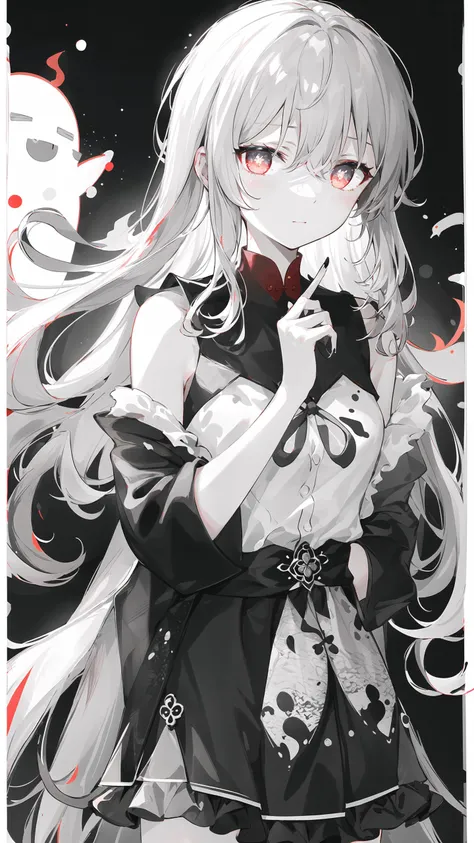 {{{{masterpiece}}}}, {{{hyper detailed}}}, {{{highres}}}, {{good anatomy}}, (((best quality))), ((an extremely delicate and beautiful)), {{an extremely detailed and delicate}}, {8k cg wallpaper}, {{illustration}}, (greyscale with colored background:1.1), ray tracing, bokeh, black background, (splattered ink:1.3), 1girl, solo, hu tao(genshin impact), boo tao, symbol shaped pupils, hiten1, <lora:hutao_v2:1>