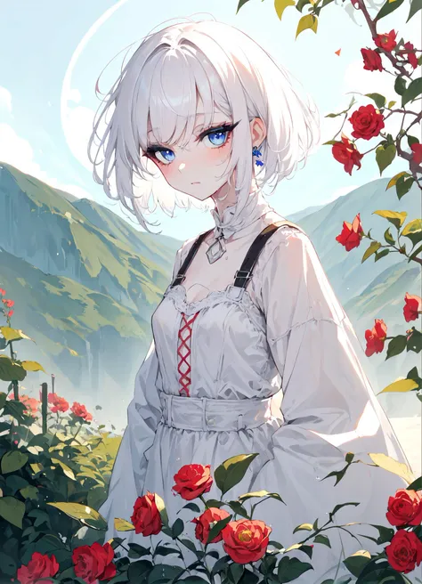 1woman,solo,looking at viewer,(light eyeshadow),colored eyelids,eyeshadow,colored eyelids,eyeliner,<lora:Eyeshadow2:0.4>,, 1girl, solo, pale skin, wispy bangs, wet-look hairstyle, very short hair, pink and white hair hair, light blue eyes, flat chest, <lora:eyecolle_himawari_v100:1.2>, <lora:GoodHands-beta2:1>, looking off into the distance,Peaceful countryside with winding paths and wildflowers,Small and rosebud shaped breasts