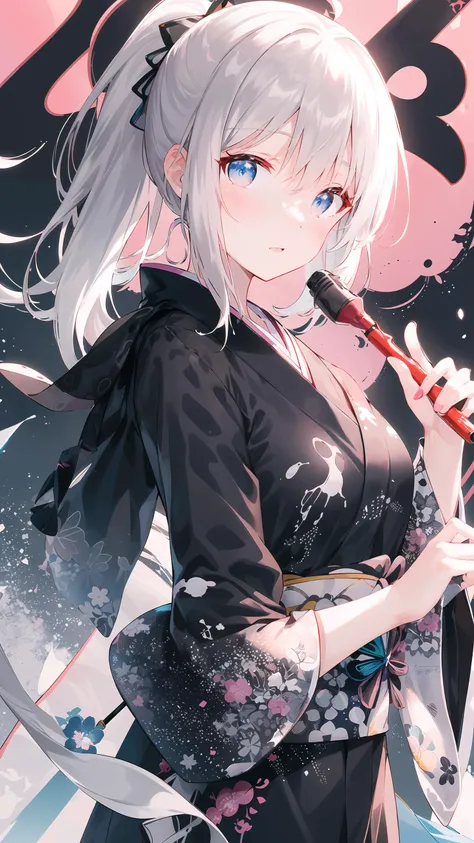 {{{{masterpiece}}}}, {{{hyper detailed}}}, {{{highres}}}, {{good anatomy}}, (((best quality))), ((an extremely delicate and beautiful)), {{an extremely detailed and delicate}}, {8k cg wallpaper}, {{illustration}}, (greyscale with colored background:1), (pink background:1.1), ray tracing, bokeh, (splattered black ink:1.5), mature female, upper body, 1girl, solo, (looking at viewer:1.2), ponytail, blush, (japanese clothes:1.1), hiten1,