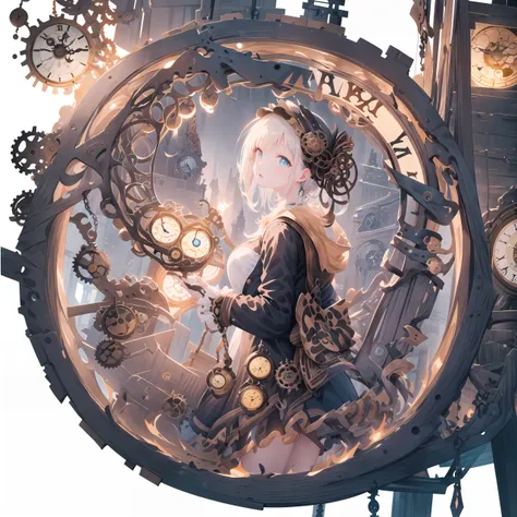 masterpiece, (((best quality))), ((highres)), [(white background:1.5)::5],  ray tracing, bokeh, (steampunk:1.5), brown, polluted sky, (gothic building), (((giant clock right behind the character))), 1girl, (((solo))), from side,  (((looking at viewer))), hiten1, <lora:gachaSplashLORA_gachaSplashFantasy:1>