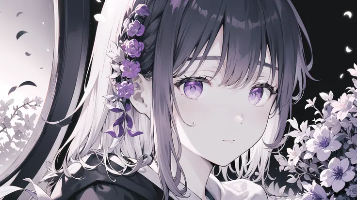 {{{{masterpiece}}}}, {{{hyper detailed}}}, {{{highres}}}, {{good anatomy}}, (((best quality))), ((an extremely delicate and beautiful)), {{an extremely detailed and delicate}}, {8k cg wallpaper}, {{illustration}}, (greyscale with colored background:1.3), ray tracing, bokeh, from side, 1girl, solo, (purple eyes:1.2), japenese clothes,  (purple flowers:1.2), hiten1,