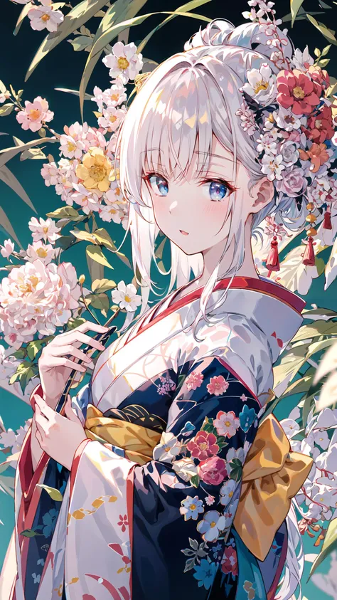 {{{{masterpiece}}}}, {{{hyper detailed}}}, {{{highres}}}, {{good anatomy}}, (((best quality))), ((an extremely delicate and beautiful)), {{an extremely detailed and delicate}}, {8k cg wallpaper}, {{illustration}}, (greyscale with colored background:1.05), (white and black background:1.1),  flowers, (chromatic aberration:1.2), upper body,  mature female, (1girl:1), solo, oiran, (japanese clothes:1.2), (pale face:1.2), medium breasts, hiten1, <lyco:fuzi-loha-v2a:0.4>   <lora:Oiran:0.7>