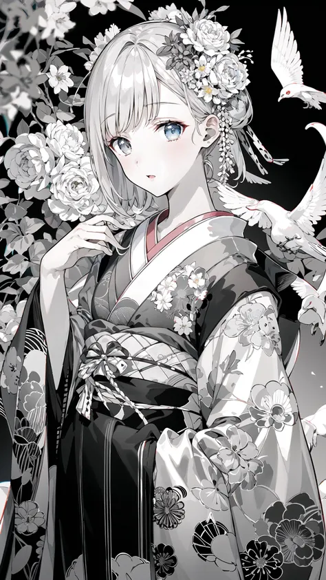 {{{{masterpiece}}}}, {{{hyper detailed}}}, {{{highres}}}, {{good anatomy}}, (((best quality))), ((an extremely delicate and beautiful)), {{an extremely detailed and delicate}}, {8k cg wallpaper}, {{illustration}}, (greyscale with colored background:1.05), (white and black background:1.1), flowers, (chromatic aberration:1.2), upper body, mature female, (1girl:1), solo, oiran, (japanese clothes:1.2), (pale face:1.2), medium breasts, hiten1, <lyco:fuzi-loha-v2a:0.3> <lora:Oiran:0.7>