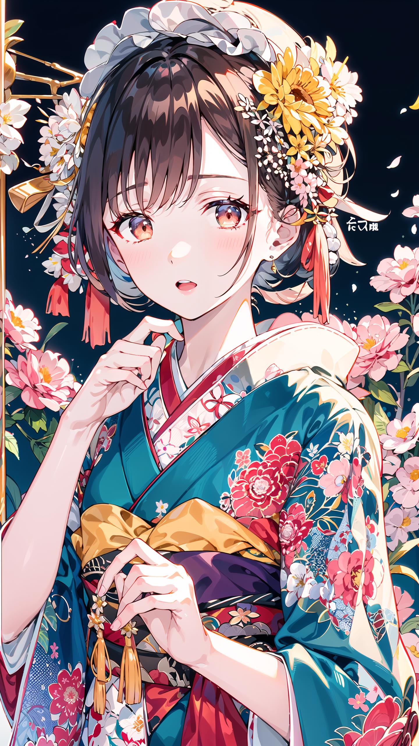 Anime girl in kimono outfit with flowers and a bird - SeaArt AI