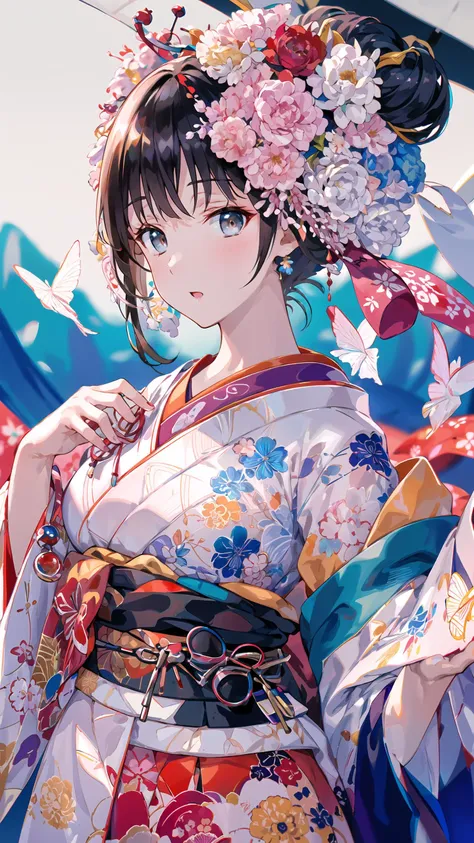 {{{{masterpiece}}}}, {{{hyper detailed}}}, {{{highres}}}, {{good anatomy}}, (((best quality))), ((an extremely delicate and beautiful)), {{an extremely detailed and delicate}}, {8k cg wallpaper}, {{illustration}}, (greyscale with colored background:1.1), white and black background,  bokeh, (chromatic aberration:1.22),  mature female, (1girl:1), solo, oiran, (japanese clothes:1.2), medium breasts, hiten1,  <lyco:fuzi-loha-v2a:0.45>  <lora:Oiran:0.7>