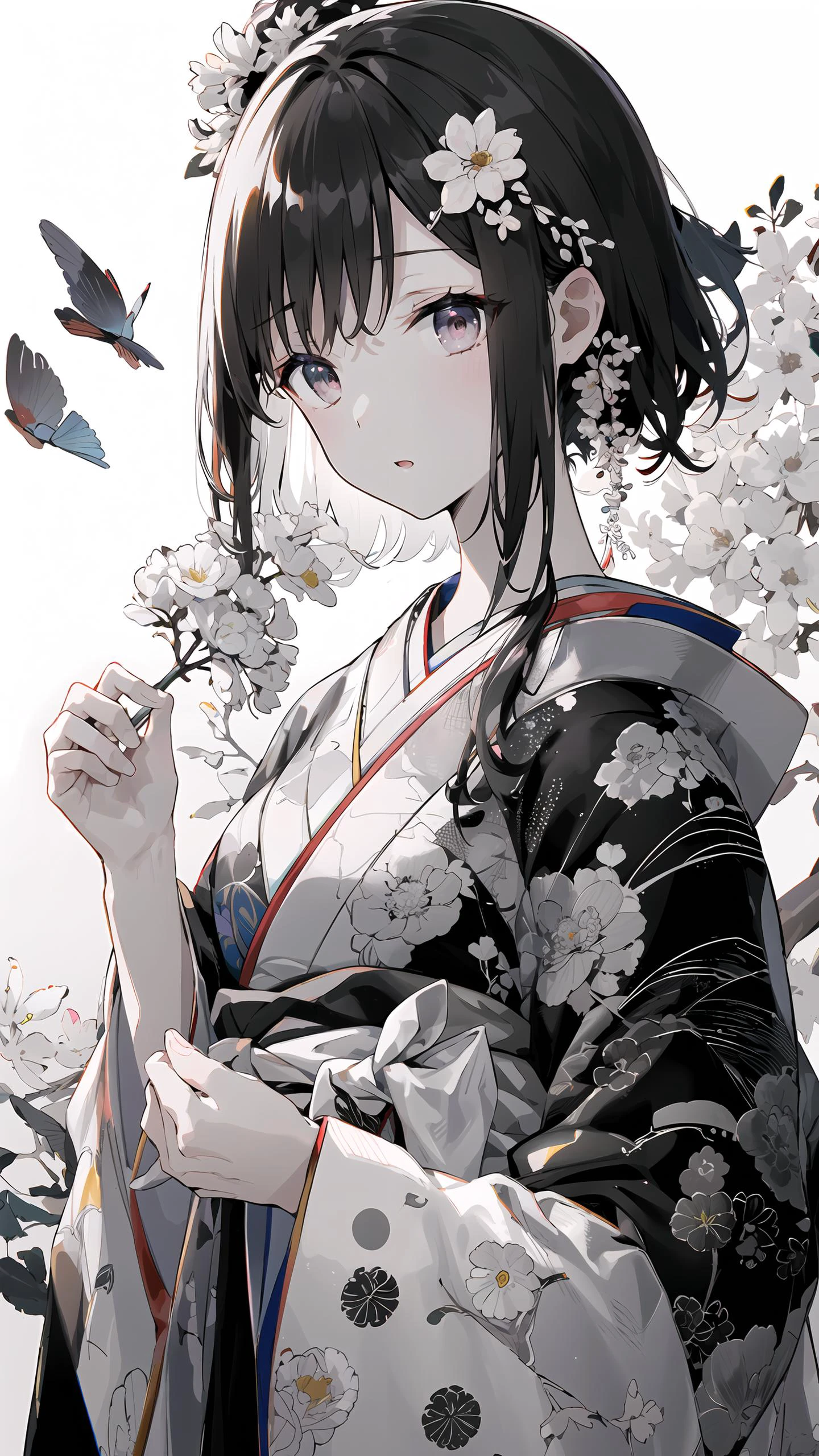 {{{{masterpiece}}}}, {{{hyper detailed}}}, {{{highres}}}, {{good anatomy}}, (((best quality))), ((an extremely delicate and beautiful)), {{an extremely detailed and delicate}}, {8k cg wallpaper}, {{illustration}}, (greyscale with colored background:1.1), (white and black background:1.1), flowers, (chromatic aberration:1.2), upper body, mature female, (1girl:1), solo, oiran, (japanese clothes:1.2), (pale face:1.2), medium breasts, hiten1, <lyco:fuzi-loha-v2a:0.4> <lora:Oiran:0.5>