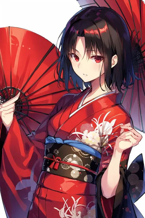 1girl, ryougi shiki, black hair, sash, red kimono, obijime <lora:RyougiShikiV2:0.55>