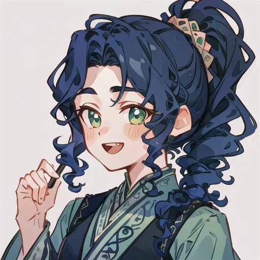 (Highest picture quality), (Master's work), (ultra-detailed), 1boy,  smiling, :d,  <lora:last:1>,  <lora:mei-lan:0.8>, dark blue hair, curly hair, ponytail, green eyes, green clothes, chinese clothes