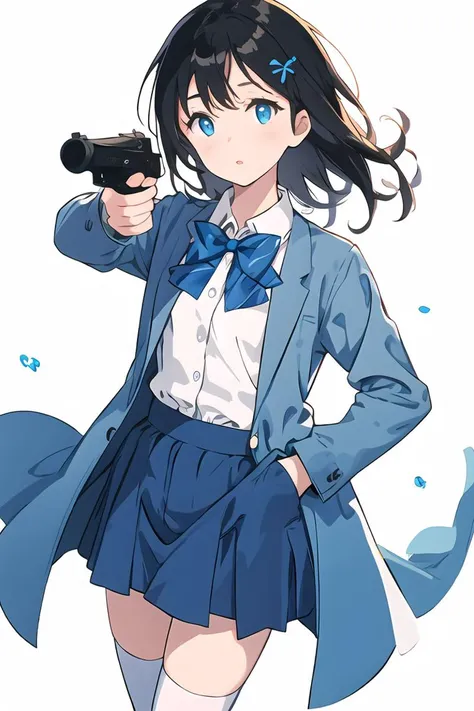 masterpiece, best quality, 1girl, telephoto, focused, black hair, black eyewear, white collared shirt, long sleeves, blue bowtie, blue skirt, white thighhighs, medium breasts, holding handgun, aiming, one hand in pocket, white background, simple background, (hiten1:0.7), <lora:ChineseDollLikenessV3.0:0.5> <lora:tachi-e:1>