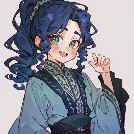 (Highest picture quality), (Master's work), (ultra-detailed), 1boy,  smiling, :d,  <lora:last:1>,  <lora:mei-lan:0.8>, dark blue hair, curly hair, ponytail, green eyes, green clothes, chinese clothes