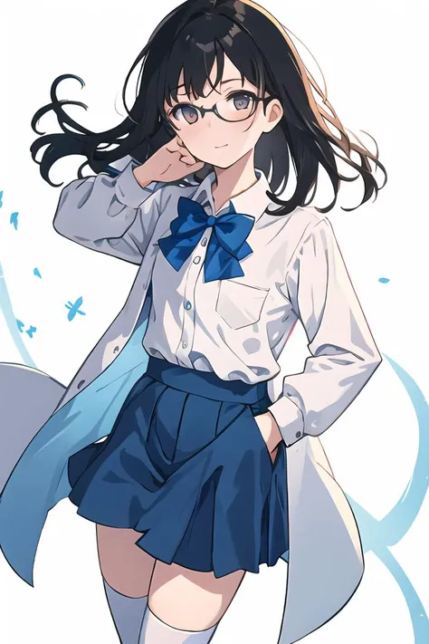 masterpiece, best quality, 1girl, telephoto, focused, black hair, black eyewear, white collared shirt, long sleeves, blue bowtie, blue skirt, white thighhighs, medium breasts, holding handgun, aiming, one hand in pocket, white background, simple background, (hiten1:0.7), <lora:ChineseDollLikenessV3.0:0.5> <lora:tachi-e:1>
