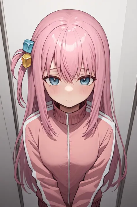 masterpiece, gotou hitori, cube hair ornament, pink hair, long hair, blue eyes, track jacket, pink jacket, bored