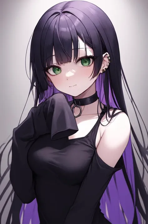 masterpiece, portrait, pa-san, black hair, green eyes, earring, blunt bangs, long hair, colored inner hair, purple hair, sleeves past fingers, medium breasts, chin piercing, detached sleeves, choker, gothic, dress