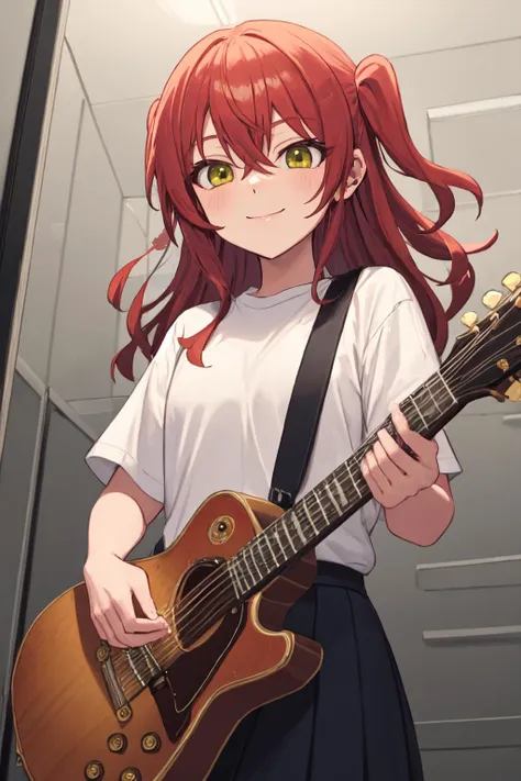 masterpiece, smiling, kita ikuyo, green eyes, red hair, one side up, white shirt, guitar