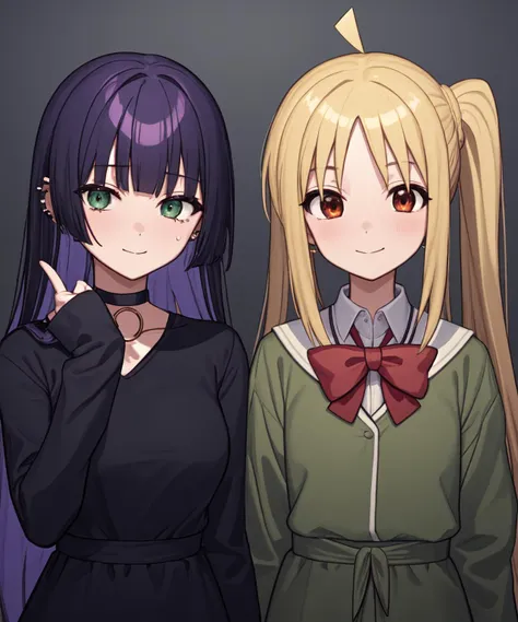 masterpiece, 2girls, looking at viewer, smile
ADDCOMM
pa-san, black hair, green eyes, earring, blunt bangs, long hair, colored inner hair, purple hair, sleeves past fingers, medium breasts, chin piercing, detached sleeves, choker, gothic, dress sad
 ADDCOL 
ijichi nijika, red bow, blonde hair, long hair, sidelocks, ahoge, side ponytail, red eyes, shimokitazawa school uniform, white shirt, green coat, withdrawn