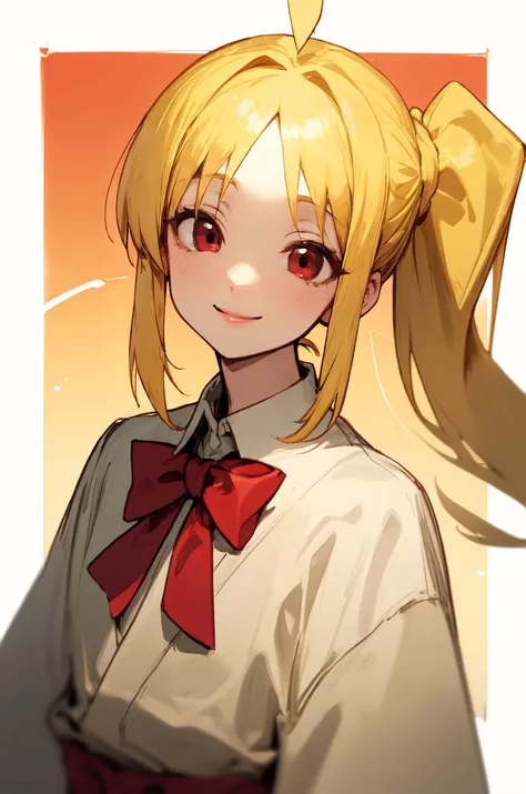 masterpiece, jichi nijika, yellow hair, ahoge, side ponytail, red eyes, red bowtie, smile