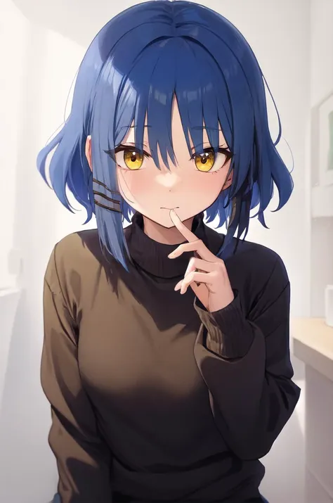 masterpiece, yamada ryou, black sweater, collared shirt, medium hair, blue hair, yellow eyes, shimokitazawa high school uniform, black sweater, hairclip