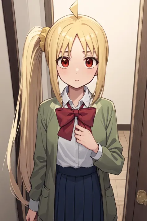 masterpiece, ijichi nijika, red bow, blonde hair, long hair, sidelocks, ahoge, side ponytail, red eyes, shimokitazawa school uniform, white shirt, green coat, surprised