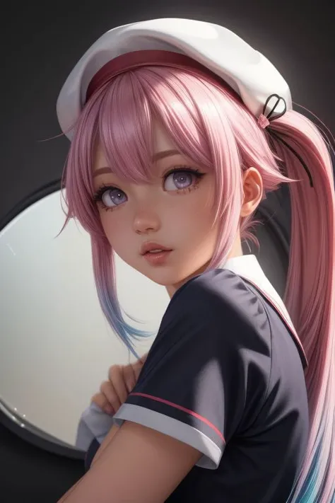 harusame, (purple eyes), side ponytail, hair ornament, gradient hair, pink hair, blue hair, pink eyes,beret, school uniform, black serafuku, pleated skirt, black gloves, ((pretty face, skin indentation, eyes reflection, stunning eyes, rim lighting, skin shading, sub surface scattering)), (masterpiece, best quality, ray tracing, volumetric lighting, ssao shadows, detailed, intricate),((portrait)), <lora:add_detail:1> <lora:kancolle_harusame:1>