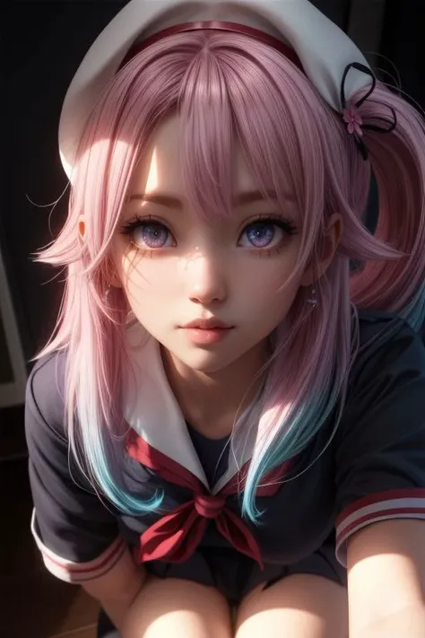 harusame, purple eyes, side ponytail, hair ornament, gradient hair, pink hair, blue hair, pink eyes,beret, school uniform, black serafuku, pleated skirt, black gloves, ((pretty face, skin indentation, eyes reflection, stunning eyes, rim lighting, skin shading, sub surface scattering)), (masterpiece, best quality, ray tracing, volumetric lighting, ssao shadows, detailed, intricate),((portrait)), <lora:add_detail:1> <lora:kancolle_harusame:1>