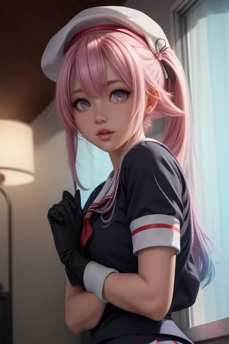 harusame, purple eyes, side ponytail, hair ornament, gradient hair, pink hair, blue hair, pink eyes,beret, school uniform, black serafuku, pleated skirt, black gloves, ((pretty face, skin indentation, eyes reflection, stunning eyes, rim lighting, skin shading, sub surface scattering)), (masterpiece, best quality, ray tracing, volumetric lighting, ssao shadows, detailed, intricate),((upper body)), <lora:add_detail:1> <lora:kancolle_harusame:1>