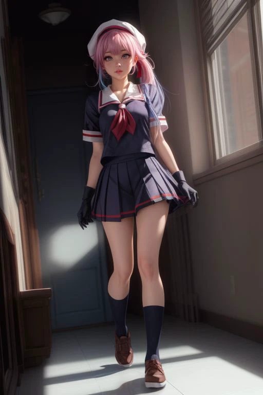 harusame, (purple eyes), side ponytail, hair ornament, gradient hair, pink hair, blue hair, pink eyes,beret, school uniform, black serafuku, pleated skirt, black gloves, ((pretty face, skin indentation, eyes reflection, stunning eyes, rim lighting, skin shading, sub surface scattering)), (masterpiece, best quality, ray tracing, volumetric lighting, ssao shadows, detailed, intricate),((full body)), <lora:add_detail:1> <lora:kancolle_harusame:1>