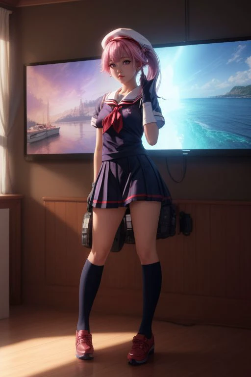 harusame, ((purple eyes)), side ponytail, hair ornament, gradient hair, pink hair, blue hair, pink eyes,beret, school uniform, black serafuku, pleated skirt, black gloves, ((pretty face, skin indentation, eyes reflection, stunning eyes, rim lighting, skin shading, sub surface scattering)), (masterpiece, best quality, ray tracing, volumetric lighting, ssao shadows, detailed, intricate),((full body)), boat, sea <lora:add_detail:1> <lora:kancolle_harusame:1>
