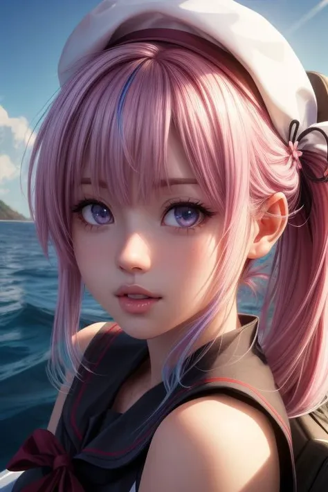 harusame, ((purple eyes)), side ponytail, hair ornament, gradient hair, pink hair, blue hair, pink eyes,beret, school uniform, black serafuku, pleated skirt, black gloves, ((pretty face, skin indentation, eyes reflection, stunning eyes, rim lighting, skin shading, sub surface scattering)), (masterpiece, best quality, ray tracing, volumetric lighting, ssao shadows, detailed, intricate),((portrait)), boat, sea, sky <lora:add_detail:1> <lora:kancolle_harusame:1>