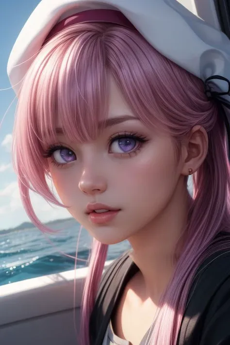 harusame, ((purple eyes)), side ponytail, hair ornament, gradient hair, pink hair, blue hair, pink eyes,beret, school uniform, black serafuku, pleated skirt, black gloves, ((pretty face, skin indentation, eyes reflection, stunning eyes, rim lighting, skin shading, sub surface scattering)), (masterpiece, best quality, ray tracing, volumetric lighting, ssao shadows, detailed, intricate),((portrait)), boat, sea, sky <lora:add_detail:1> <lora:kancolle_harusame:1>