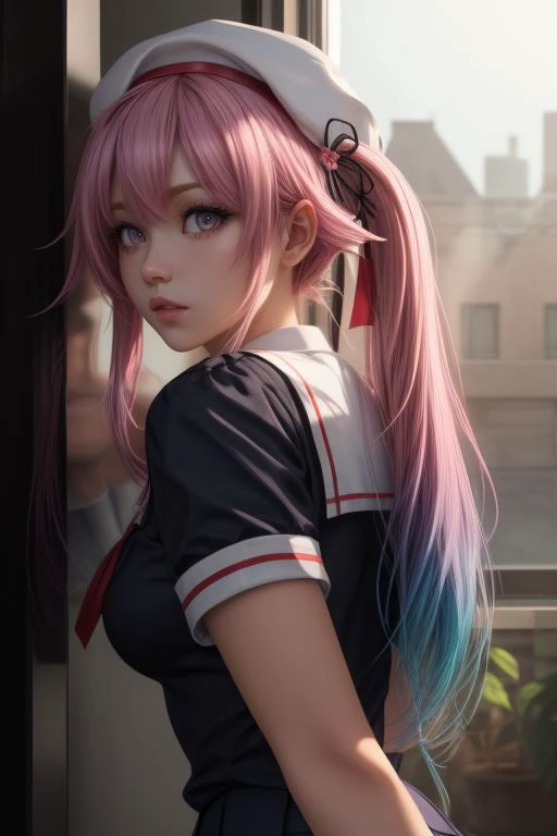 harusame, (purple eyes), side ponytail, hair ornament, gradient hair, pink hair, blue hair, pink eyes,beret, school uniform, black serafuku, pleated skirt, black gloves, ((pretty face, skin indentation, eyes reflection, stunning eyes, rim lighting, skin shading, sub surface scattering)), (masterpiece, best quality, ray tracing, volumetric lighting, ssao shadows, detailed, intricate),((from back)), <lora:add_detail:1> <lora:kancolle_harusame:1>