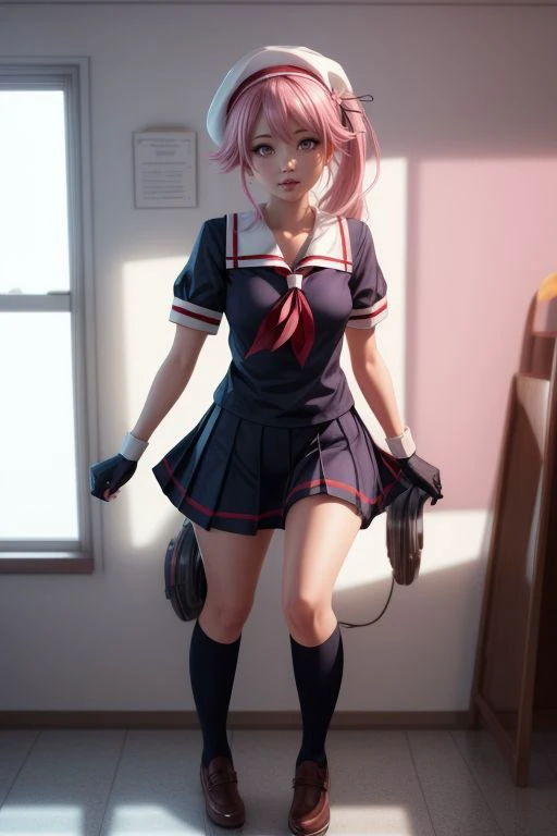 harusame, (purple eyes), side ponytail, hair ornament, gradient hair, pink hair, blue hair, pink eyes,beret, school uniform, black serafuku, pleated skirt, black gloves, ((pretty face, skin indentation, eyes reflection, stunning eyes, rim lighting, skin shading, sub surface scattering)), (masterpiece, best quality, ray tracing, volumetric lighting, ssao shadows, detailed, intricate),((full body)), <lora:add_detail:1> <lora:kancolle_harusame:1>