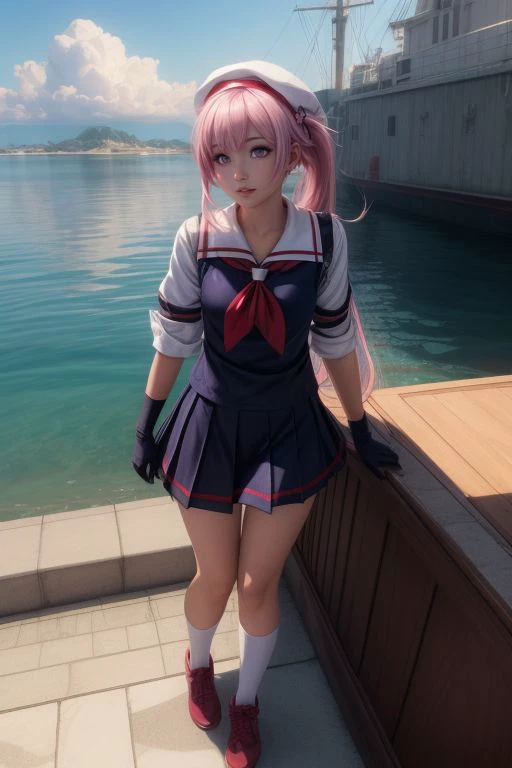 harusame, ((purple eyes)), side ponytail, hair ornament, gradient hair, pink hair, blue hair, pink eyes,beret, school uniform, black serafuku, pleated skirt, black gloves, ((pretty face, skin indentation, eyes reflection, stunning eyes, rim lighting, skin shading, sub surface scattering)), (masterpiece, best quality, ray tracing, volumetric lighting, ssao shadows, detailed, intricate),((full body)), boat, sea, sky <lora:add_detail:1> <lora:kancolle_harusame:1>